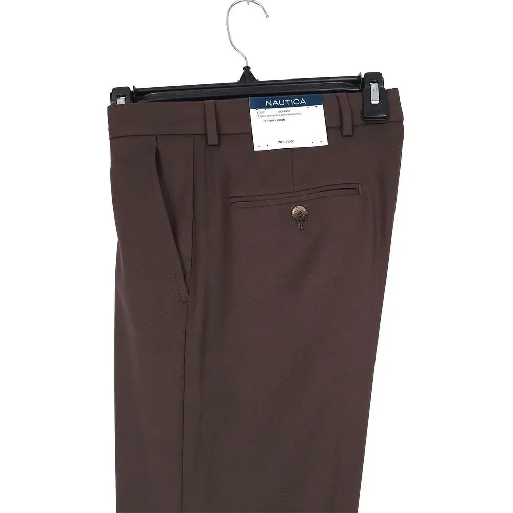Nautica Mens Modern Fit 2 Piece Suit 40S 34W Brown Solid Stretch NWT